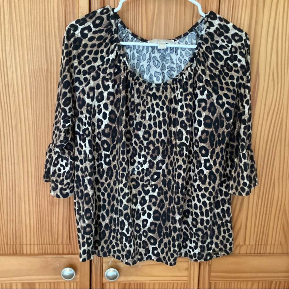 Michael Kors Animal Print Scoop Neck Blouse in Tan and Black